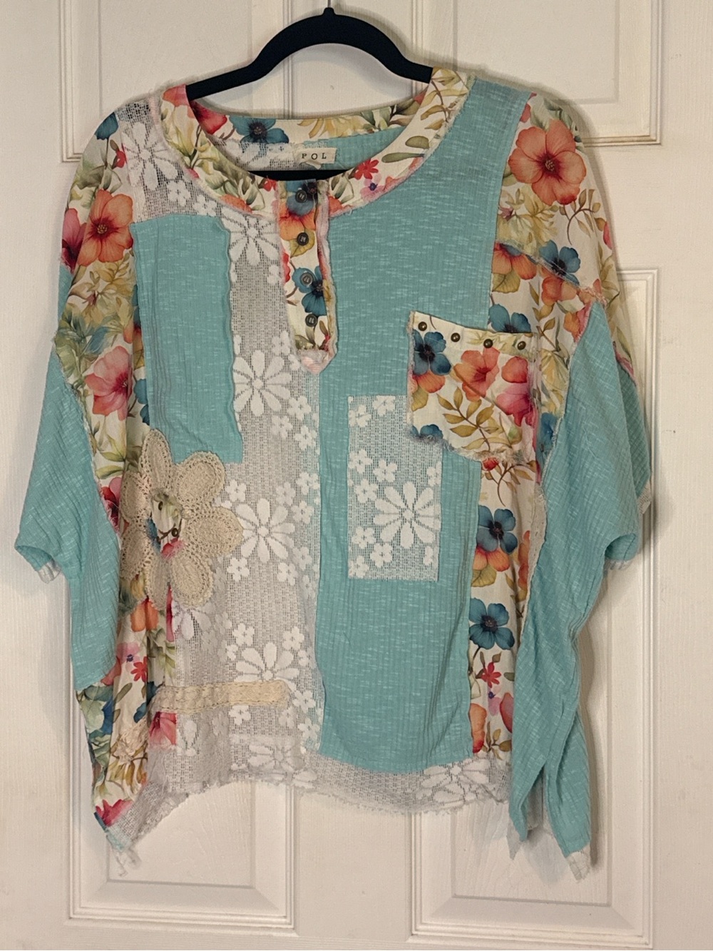 POL Patchwork Floral Crochet and Lace Top - Picture 2 of 4